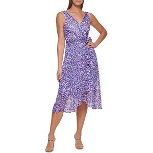 DKNY Patterned Faux Wrap Midi Dress (Size 8)
